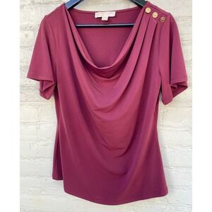 Michael Kors Womens Top drape Neck Short Sleeve Gold Button Detail Maroon Sz. M‎